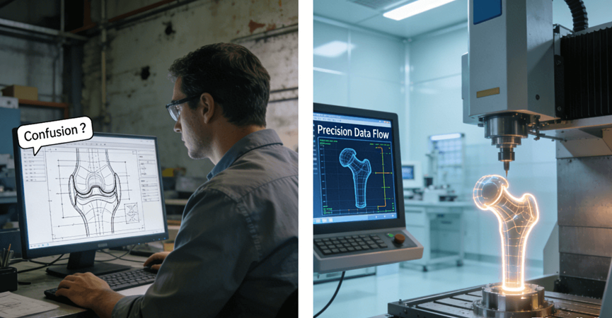 Precision CNC machining improves communication efficiency in medical equipment manufacturing Data reveals 30% cost savings and improved accuracy Conceptual illustration contrasting traditional medical device manufacturing confusion with modern, data-driven precision CNC machining in a cleanroom environment.